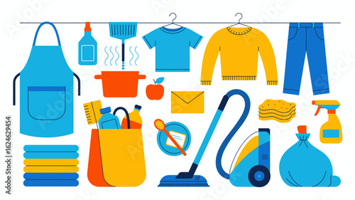 Household chores and cleaning supplies bring order to your home, embracing a fresh and tidy lifestyle for a harmonious living space