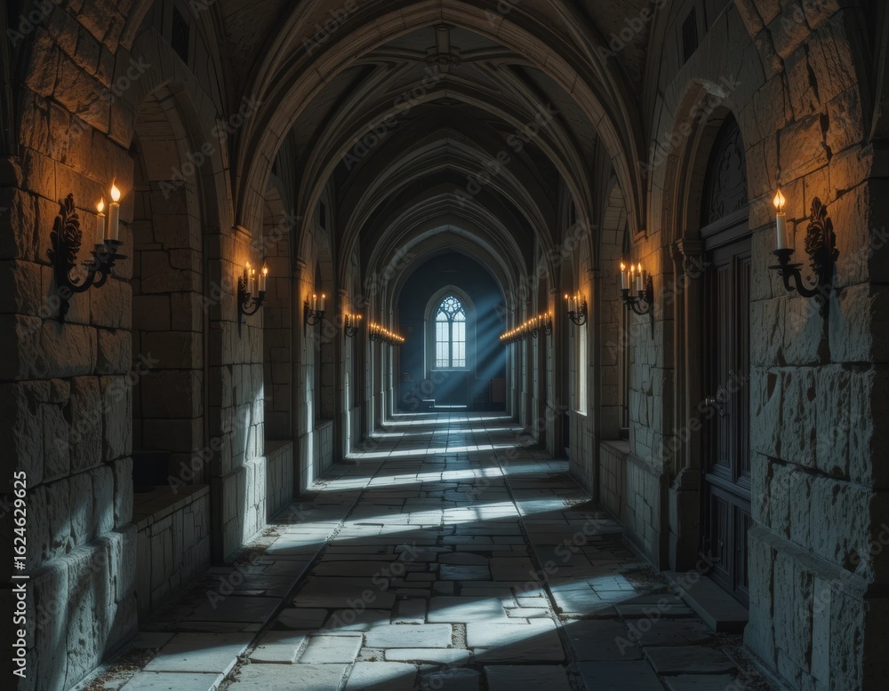 Fototapeta premium Sunlight streams through arched windows down a long, atmospheric castle corridor.