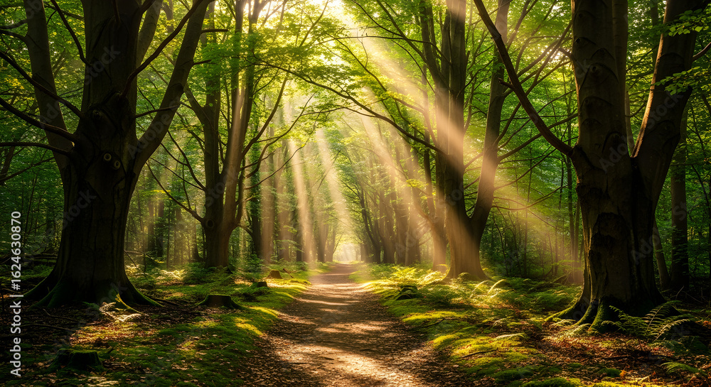 Obraz premium Enchanting Forest Path Bathed in Golden Sun Rays Through Lush Green Trees
