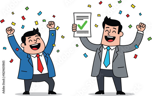 Two businessmen celebrating success with confetti