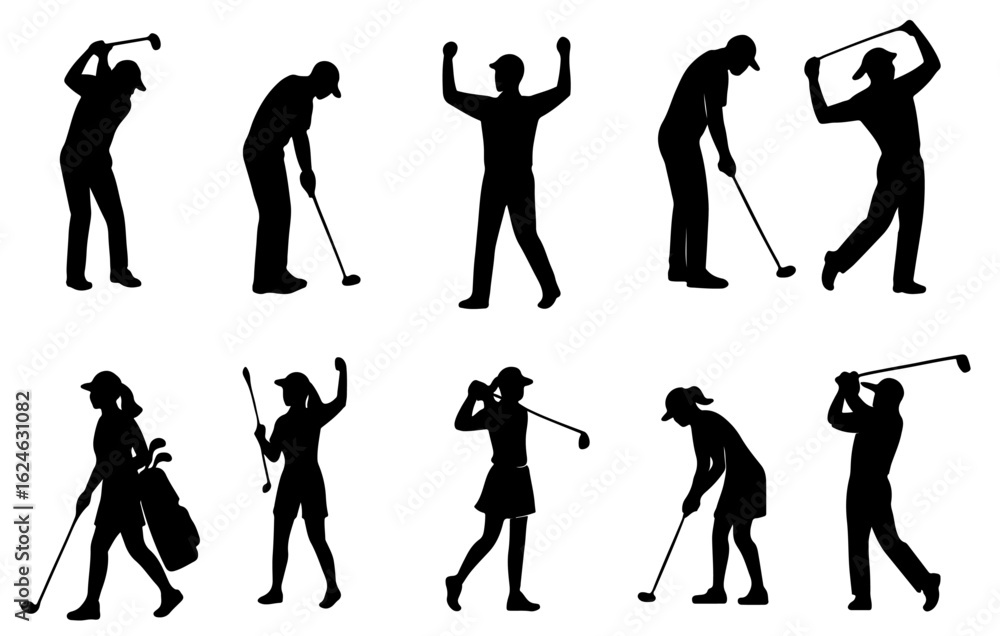 Fototapeta premium Golf Swing Silhouette Set Featuring Dynamic Man and Woman Players Outline in Action Poses