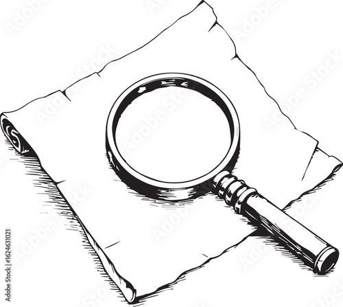 Magnifying Glass on Ancient Scroll: An illustration of a vintage magnifying glass resting on a rolled antique scroll, symbolizing investigation and discovery, and inviting exploration.