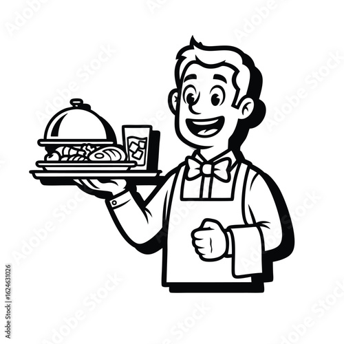 Cheerful waiter presenting a tray of delicious food and drink in
