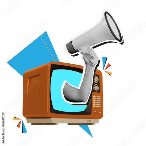Retro TV with Megaphone: A Bold Statement of Communication. A vibrant and stylized image showcasing a vintage television set with a hand holding a megaphone protruding from its screen.