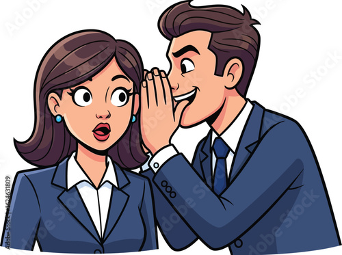 Man whispering secret to surprised woman in business attire