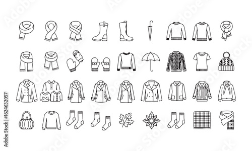 Fall clothing bundle – outline icons for cozy wear, jackets, mittens, socks