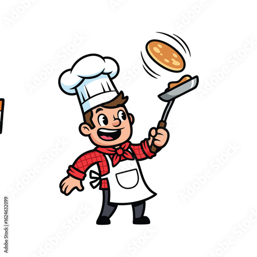 Cheerful cartoon chef flipping a pancake with a spatula in a kitchen