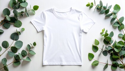 Blank white cotton t-shirt mockup with fresh eucalyptus leaves on a clean surface. Eco-friendly fashion apparel template.