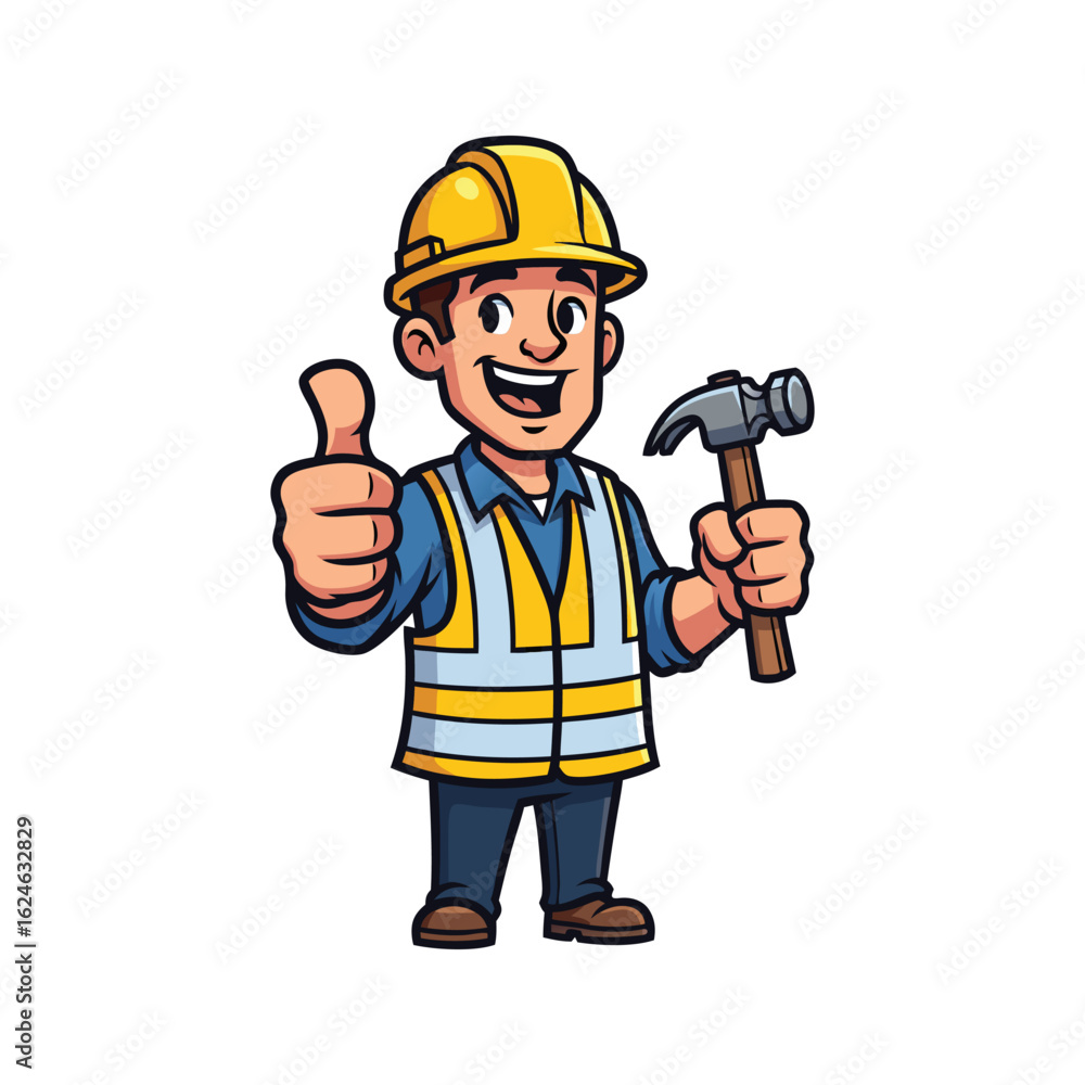 Cartoon construction worker giving thumbs up with hammer in hand Cartoon construction worker giving thumbs up with hammer in hand