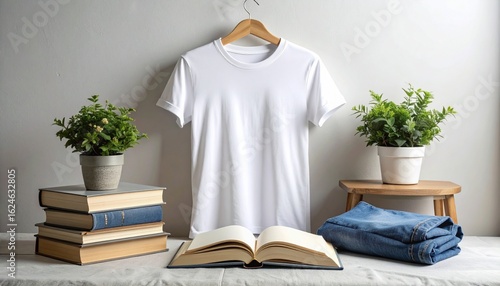 A blank white t-shirt mockup on a wooden hanger, styled with books and plants for a clean, studious aesthetic.