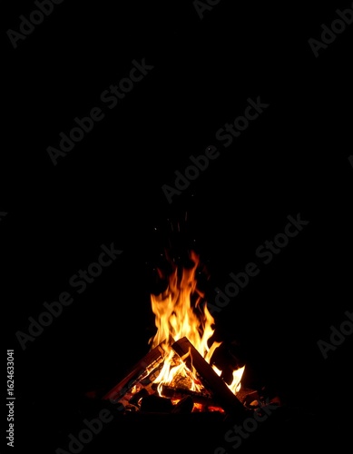 Bright flames rise from a small bonfire at night against a completely black background