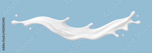 Realistic milk splash wave on blue background. Dairy liquid flow, yogurt or cream. Vector illustration