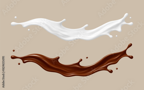 Realistic milk and chocolate splash waves. Dessert and dairy concept. Vector illustration
