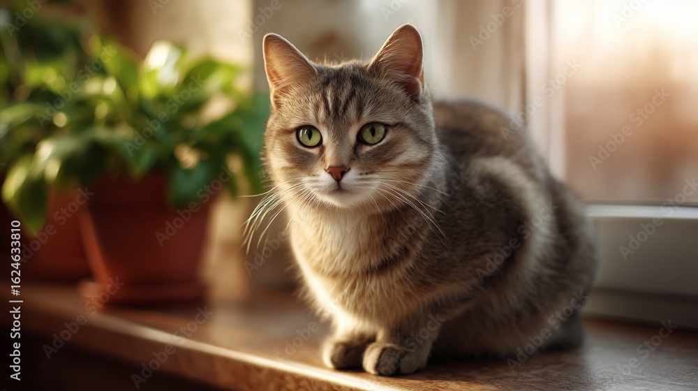 Domestic cat relaxes in warm sunbeam near window surrounded by greenery Domestic cat relaxes in warm sunbeam near window surrounded by greenery