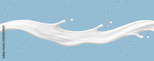 Realistic milk splash wave on blue background. Dairy liquid stream. Vector illustration