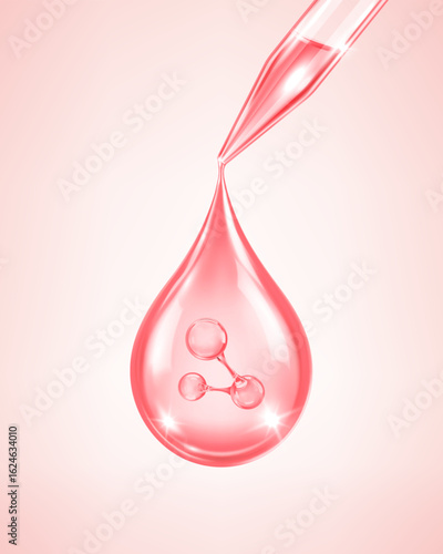 Cosmetic serum drop with molecular structure and pipette. Skincare and beauty essence. Vector illustration