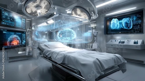 Futuristic Operating Room: A state-of-the-art operating room, bathed in ethereal blue light, showcases advanced medical technology including intricate brain scans displayed on multiple screens.