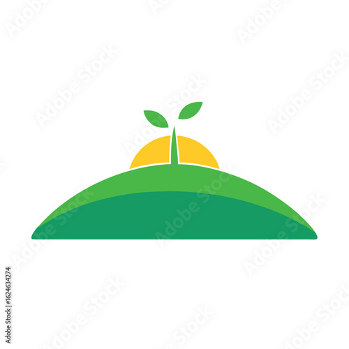 A solitary green plant sprouts from a curved hill in a minimalist silhouette design