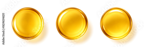Golden oil drops isolated on white background. Cosmetic serum or vitamin capsules. Vector illustration