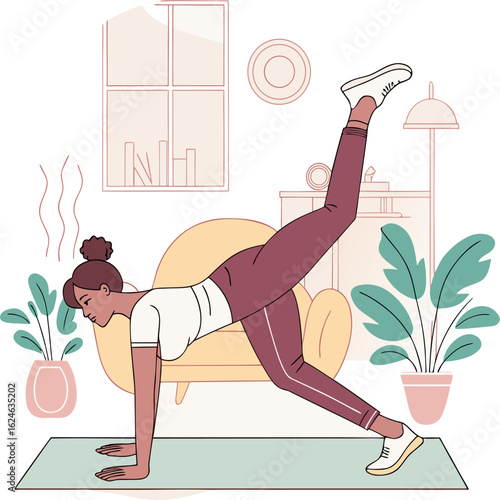 A woman doing pilates on a yoga mat in a living room