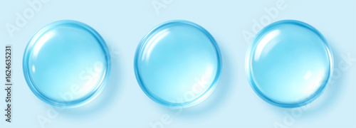 Set of transparent blue hyaluronic acid drops. Cosmetic moisturizing serum. Vector illustration