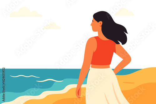 Contemporary flat vector depiction of a youthful female with lengthy wavy dark locks at a tropical seaside, embodying summer getaway, ocean scenery, sunlight, sandy shore, palm tree, epitomizing