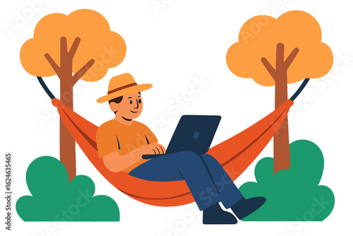 A freelance lifestyle landing page featuring a freelancer working on a laptop while lying in a hammock on a tropical island