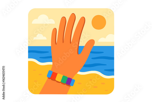 Vector cartoon illustration of a woman's wrist adorned with Bohemian Cowrie Shell Bracelets, set against a tropical sandy beach scene with ocean, sun, and clouds, representing a summer vacation