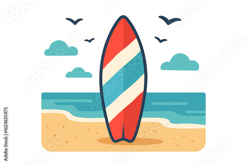 A colorful surfboard, with its fin exposed, sits ready to ride the waves and experience thrilling sea escapades