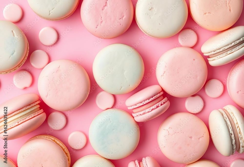 Obraz premium Delicate pastel macarons arranged in a whimsical pattern on a pink background, delicious, background
