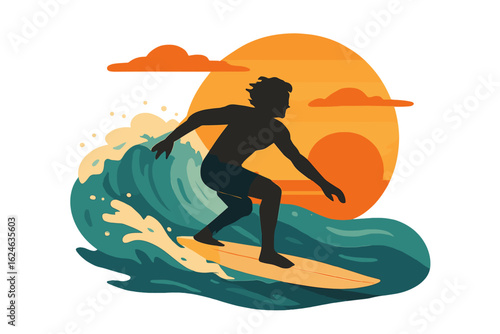 Text describing a surfer riding a large wave at sunset surrounded by palm trees and a summer atmosphere