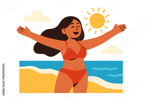 Modern flat vector cartoon illustration depicting a smiling Hispanic woman on summer vacation, sunbathing and relaxing by the ocean, suitable for travel, tourism, and leisure themes