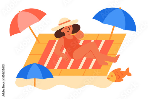 A young woman in a swimsuit lounges on a beach towel, basking in the sun during her summer vacation