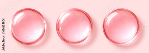Glossy pink serum drops on soft background. Cosmetic skincare concept. Vector illustration