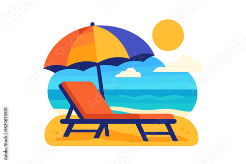 Illustration of a summer-themed banner template for a website, featuring a red and white beach chaise longue, a beach ball, and a red umbrella