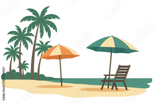 A serene seaside setting features swaying palm trees and comfortable sun loungers shaded by a colorful umbrella