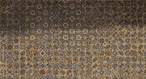 Detailed wall of square tiles with ornate floral and geometric designs in blue and gold tones, concept for historical restoration, architectural detail, and interior decoration