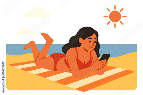 A woman is sunbathing on a tropical beach while checking social media on her cellphone