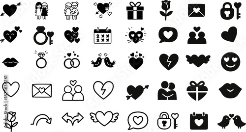 Love Romance Valentine Heart Icons Collection Vector Set Romantic Symbols Couples Wedding Anniversary Dating Relationship Elements
