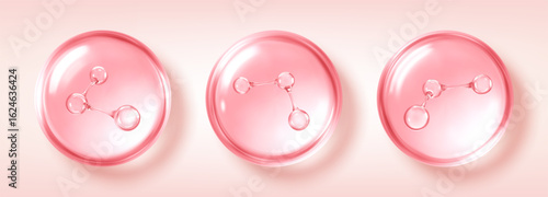 Pink collagen bubbles with molecule structure. Realistic serum capsules for skincare concept. Vector illustration