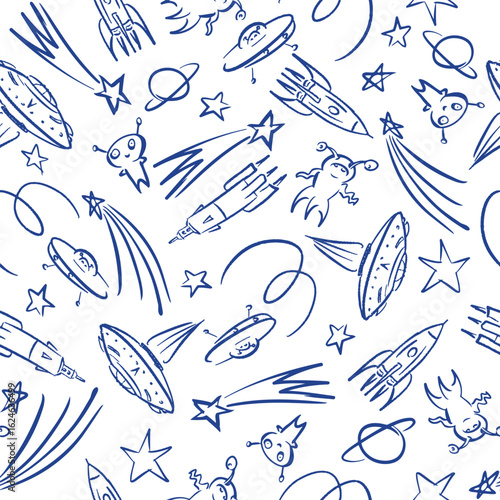 Space exploration pattern with rockets, UFOs, planets, aliens and stars on a white background illustration