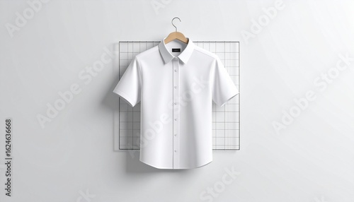 Minimalist mockup of a blank white short-sleeve collared shirt on a hanger. Apparel template for branding and design presentation.