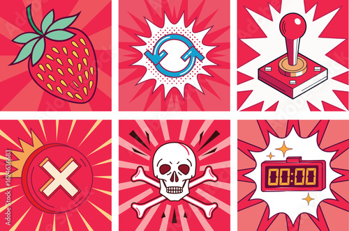 Bold illustrative icon set featuring explosive symbols. skull and crossbones, fruit, bomb lever and countdown for warning and action