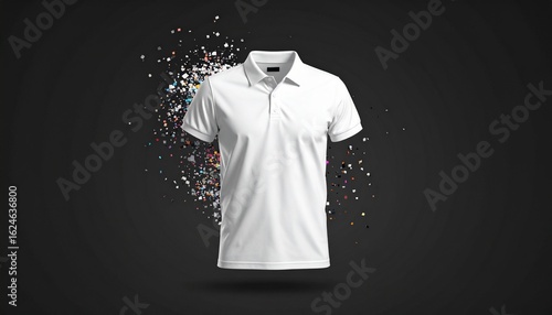 Blank white polo shirt mockup with a dynamic colorful particle explosion effect. Apparel design template for branding presentation.