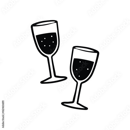 Two Simple Line Art Wine Glasses with Bubbles.