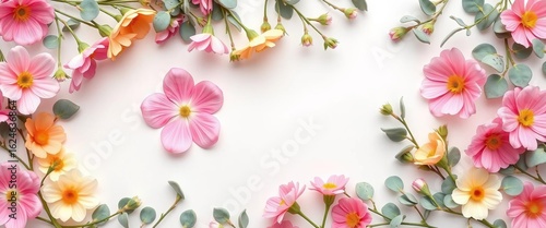 Pastel spring flowers & eucalyptus frame on white background, flat lay,  romantic,  frame