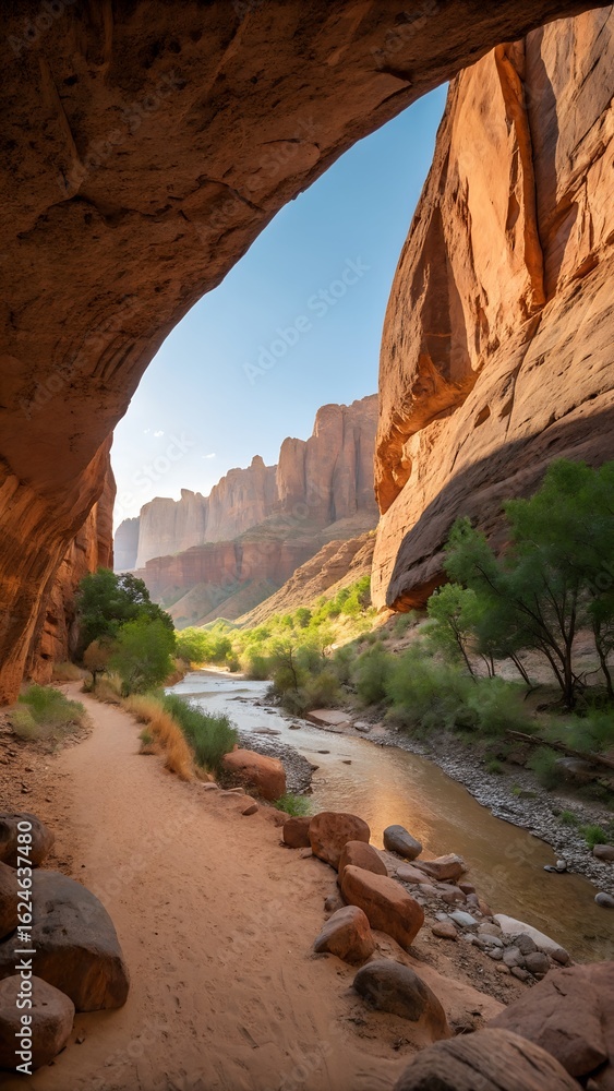 Fototapeta premium A winding dirt path follows a flowing river through a majestic red rock canyon, framed by an arch and bathed in warm sunlight.