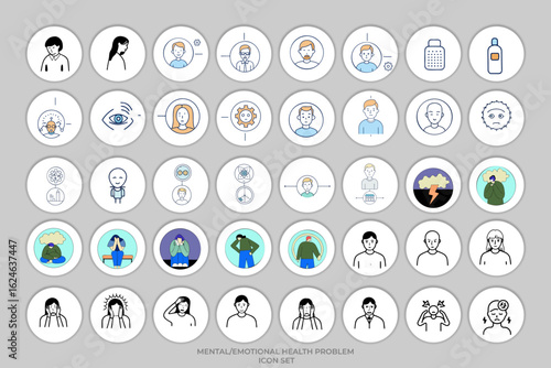 Mental and emotional disorders related icon set. Thin line editable stroke icons including depression, anxiety, PTSD, bipolar, schizophrenia line icons.

