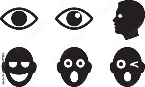 Black Silhouette Icons of Eyes and Facial Expressions on Transparent Background