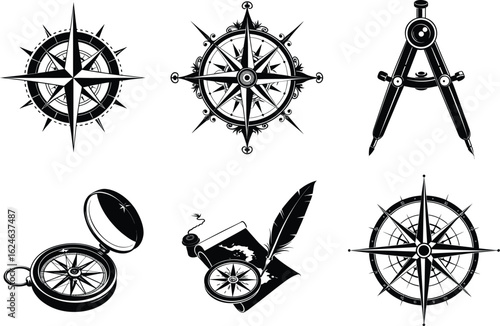 Classic black‑and‑white navigation illustration collection with compass roses, map scroll and drafting tools icons